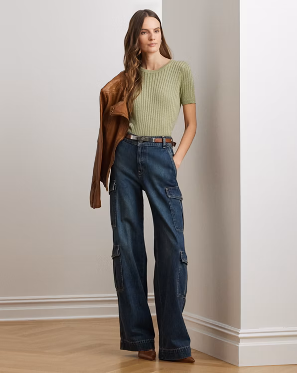 Metallic Rib-Knit Short-Sleeve Jumper