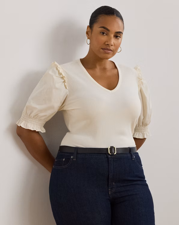 Rib-Knit Cotton-Blend Puff-Sleeve Top