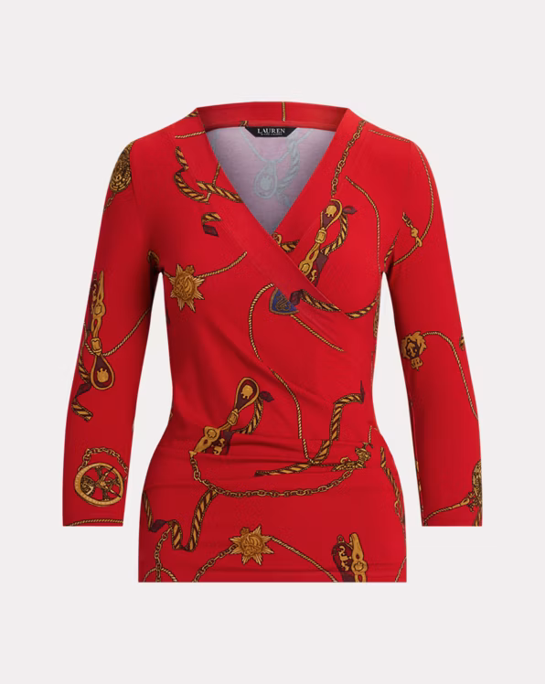 Belting-Print Jersey Surplice Top