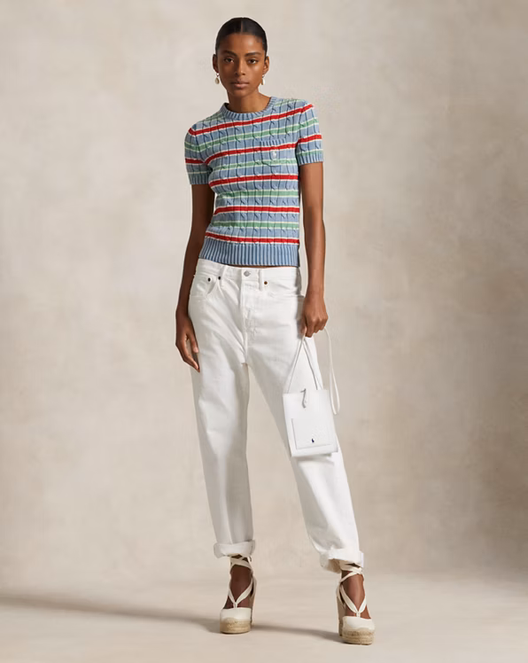 Striped Cable-Knit Short-Sleeve Jumper