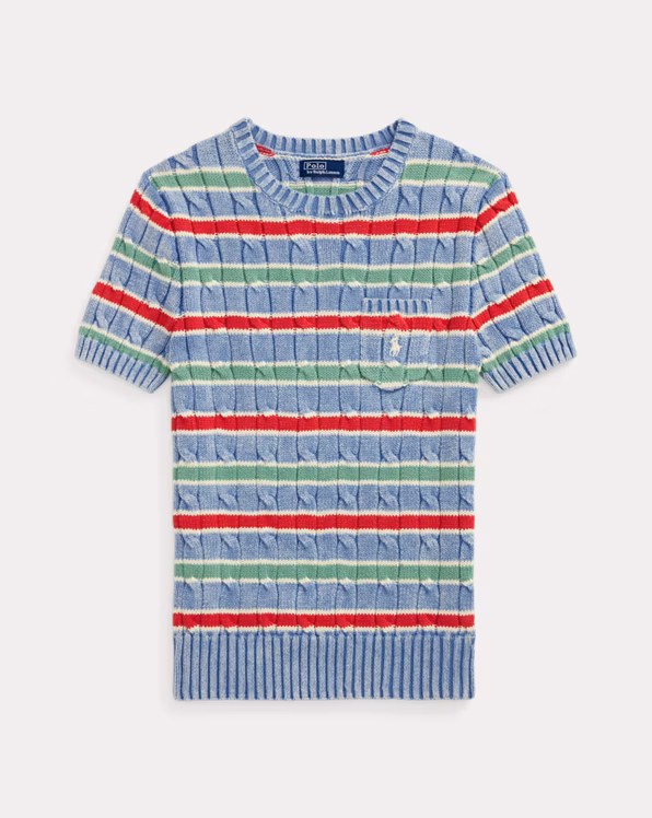 Striped Cable-Knit Short-Sleeve Jumper