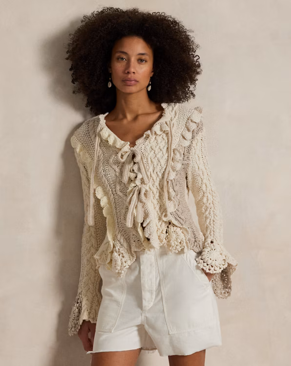 Mixed-Stitch Tie-Front Cardigan