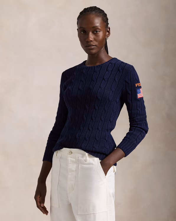 Flag-Patch Cable-Knit Cotton Jumper