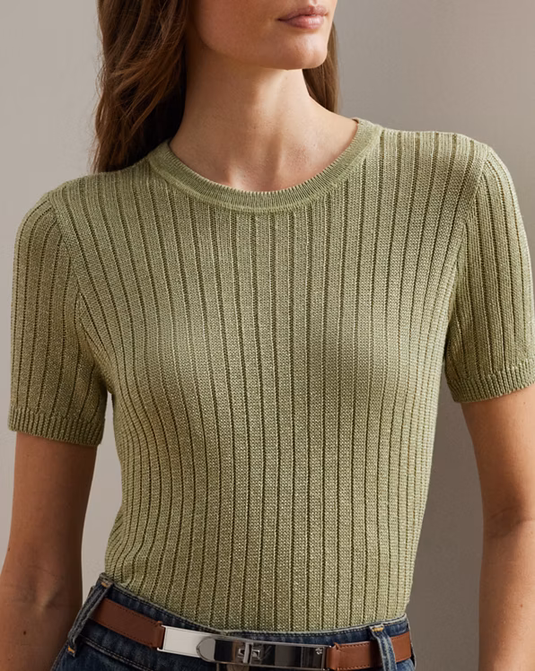 Metallic Rib-Knit Short-Sleeve Jumper