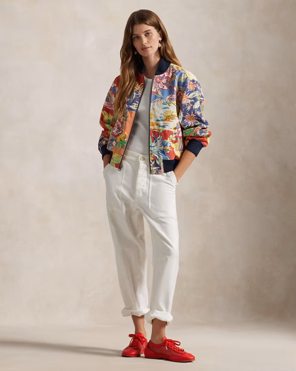 Tropical-Floral Twill Bomber Jacket