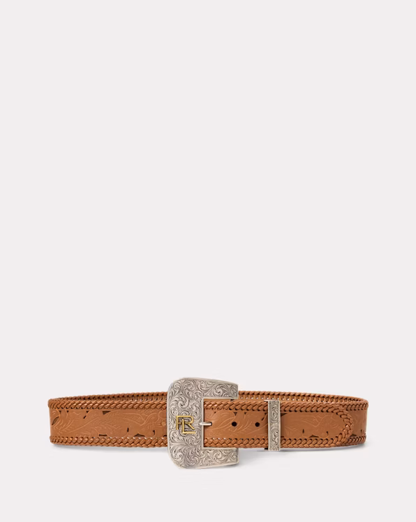 Tooled-Buckle Calf-Suede & Calfskin Belt