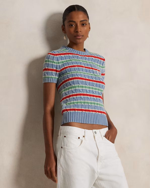 Striped Cable-Knit Short-Sleeve Jumper