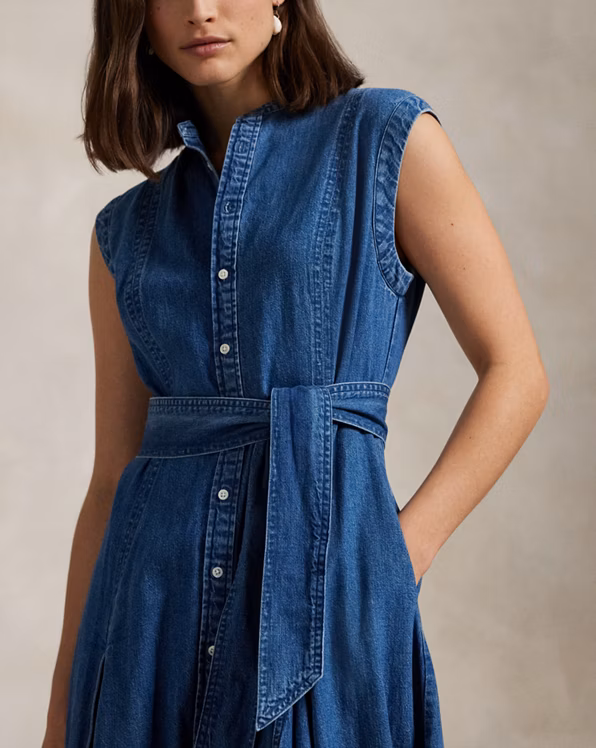 Belted Denim Sleeveless A-Line Dress