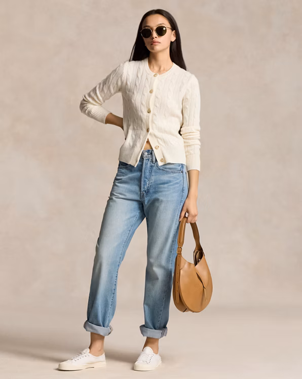 Cable-Knit Cashmere Crewneck Cardigan