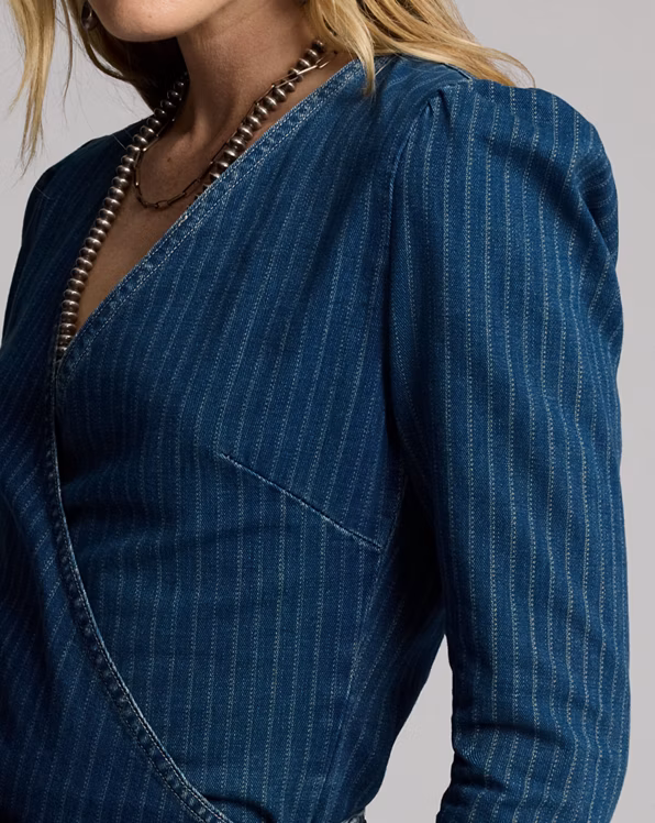 Indigo Striped Denim Wrap Top