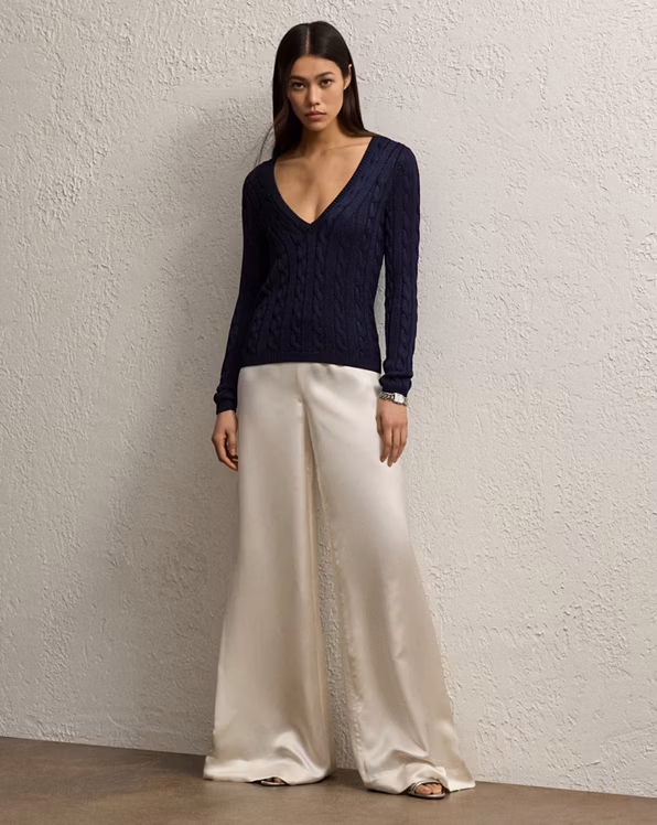 Cable-Knit Silk V-Neck Jumper