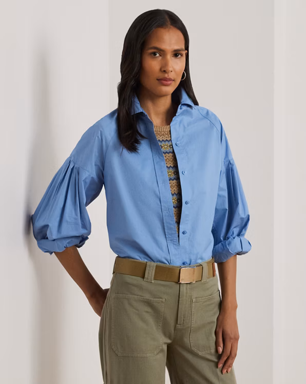 Cotton Poplin Blouson-Sleeve Shirt