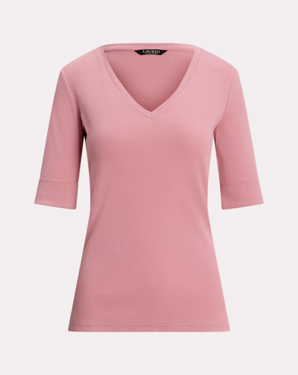 Stretch Cotton Elbow-Sleeve V-Neck Tee