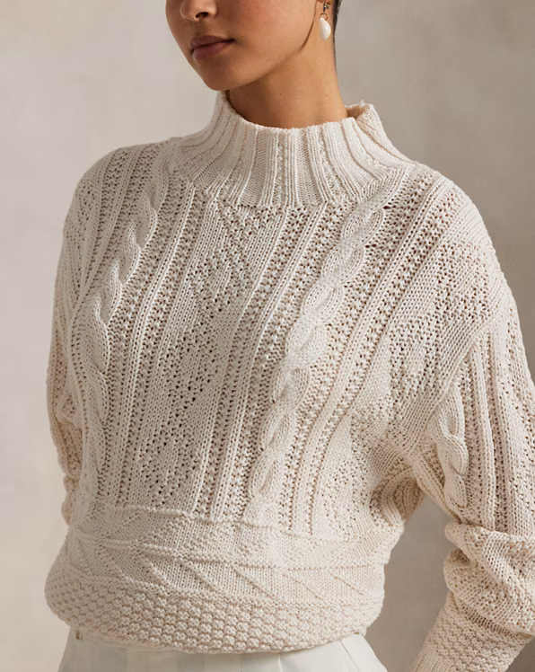 Aran-Knit Cotton Mockneck Jumper