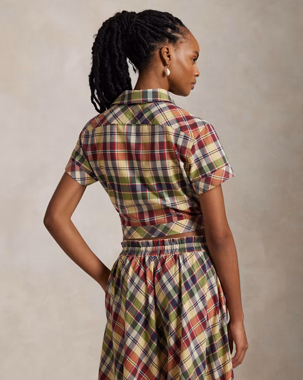 Cropped Plaid Cotton Tie-Front Top