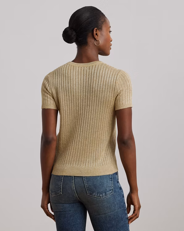 Metallic Rib-Knit Short-Sleeve Jumper