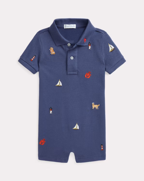 Embroidered Cotton Mesh Polo Shortall