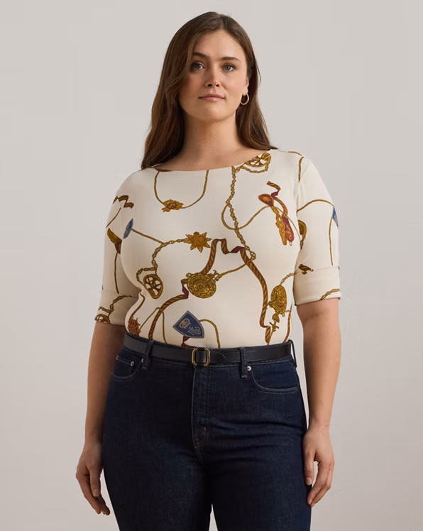 Print Stretch Cotton Boatneck T-Shirt