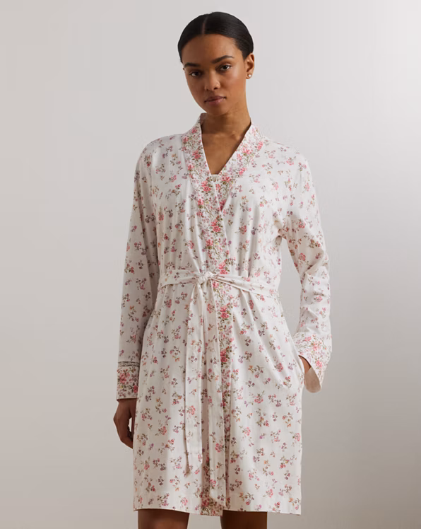 Lace-Trim Floral Cotton Jersey Robe