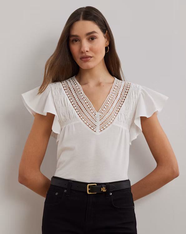 Lace-Trim Jersey Flutter-Sleeve T-Shirt