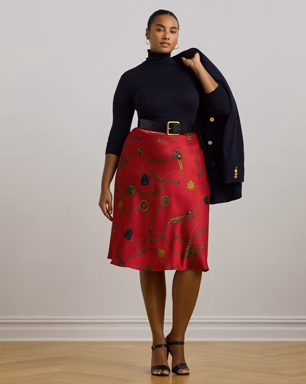 Belting-Print Satin Charmeuse Midi Skirt