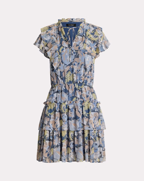 Floral Ruffle-Trim Georgette Dress
