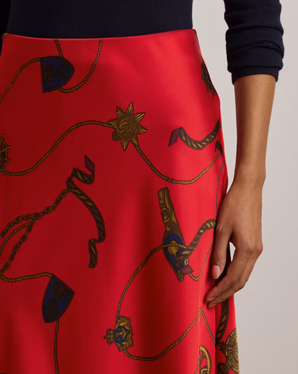 Belting-Print Satin Charmeuse Midi Skirt