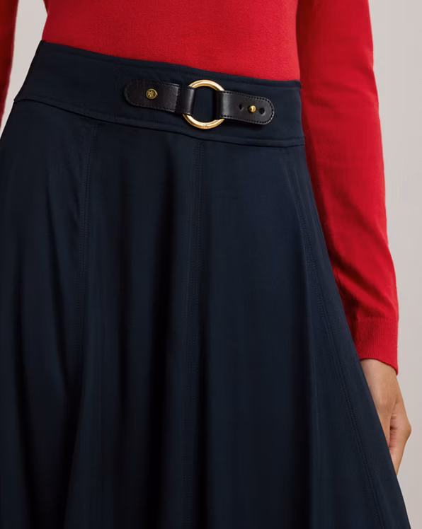 Buckle-Trim Twill Midi Skirt