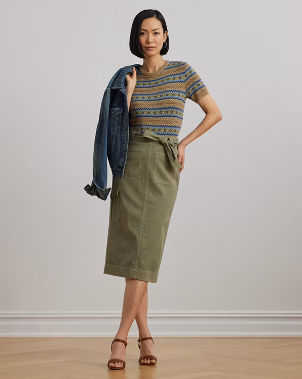 Belted Cotton Twill Pencil Skirt