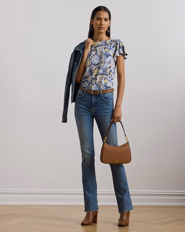 Floral Slub Jersey Flutter-Sleeve Top