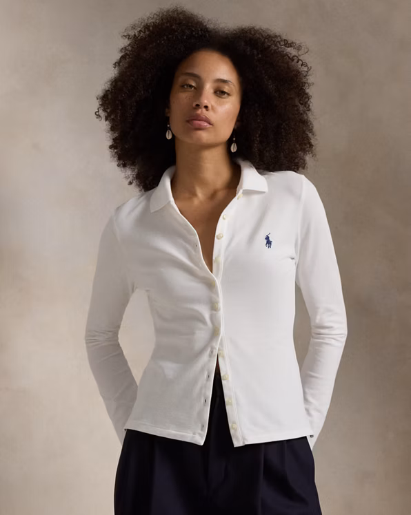 Buttoned-Placket Long-Sleeve Polo Shirt