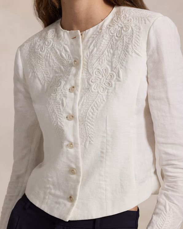 Floral-Embroidered Linen Jacket