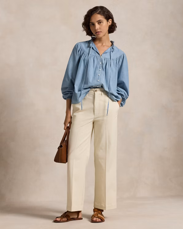 Ruffle-Trim Cotton Chambray Shirt
