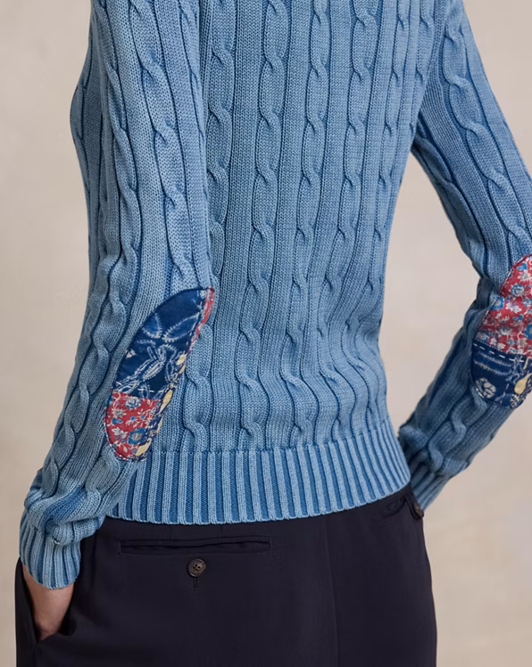 Elbow-Patch Cable-Knit Cotton Jumper