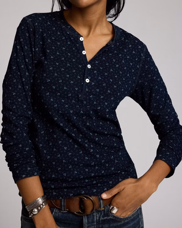Indigo Floral Cotton-Linen Henley