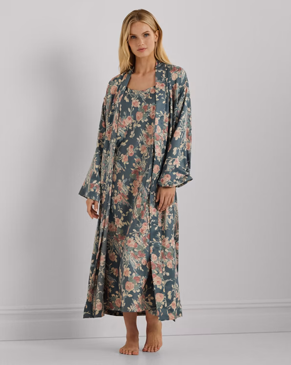 Floral Belted Satin Long Robe