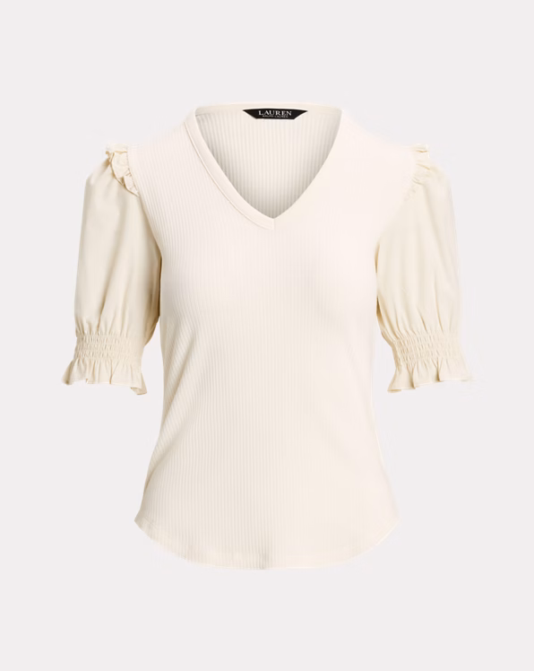Rib-Knit Cotton-Blend Puff-Sleeve Top