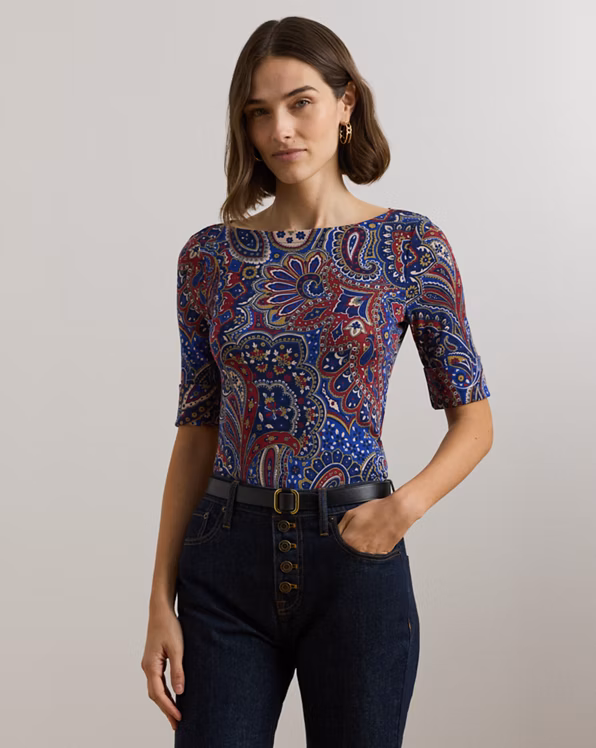 Paisley Stretch Cotton Boatneck T-Shirt