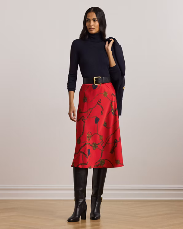 Belting-Print Satin Charmeuse Midi Skirt