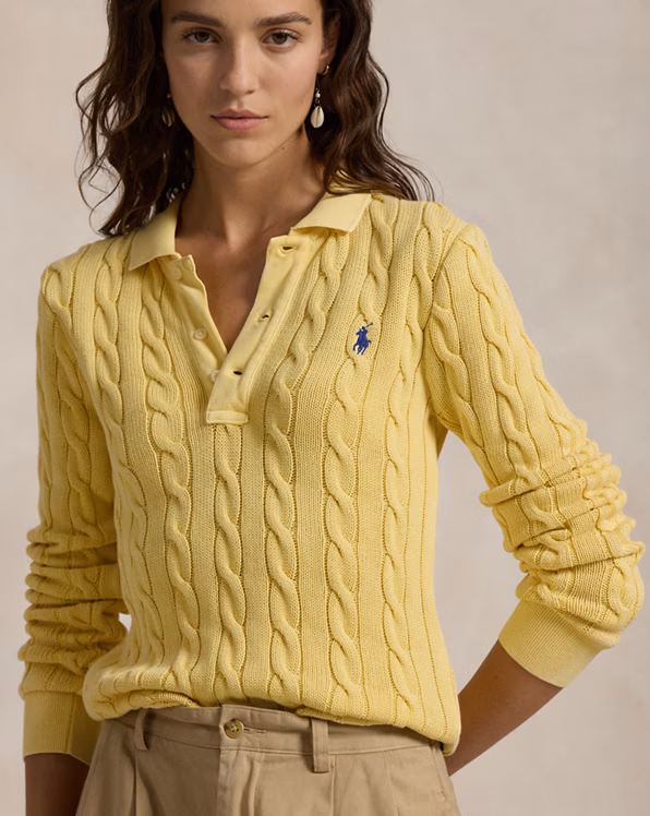 Cable-Knit Cotton Long-Sleeve Polo Shirt