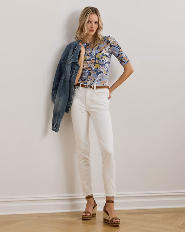 Floral Stretch Cotton Boatneck T-shirt