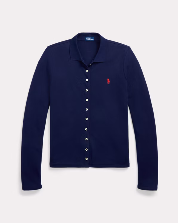 Buttoned-Placket Long-Sleeve Polo Shirt