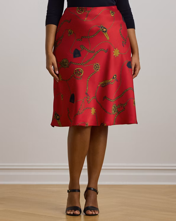 Belting-Print Satin Charmeuse Midi Skirt