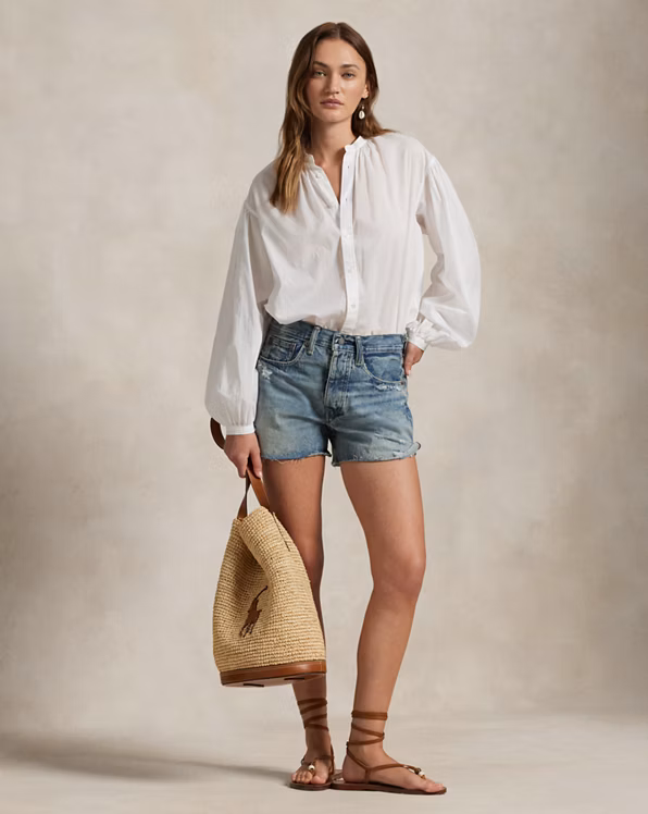 Distressed-Hem Denim Short