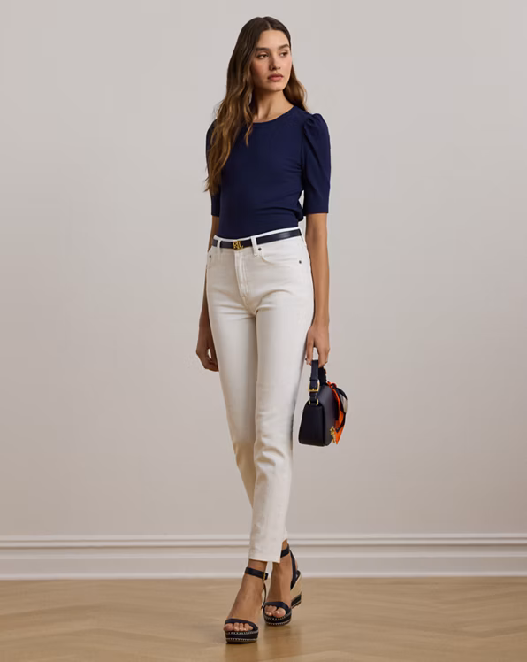 Cotton-Blend Rib-Knit Puff-Sleeve Tee