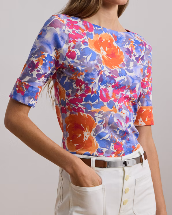 Floral Stretch Cotton Boatneck T-shirt