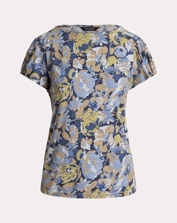 Floral Slub Jersey Flutter-Sleeve Top