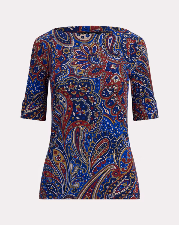Paisley Stretch Cotton Boatneck T-Shirt