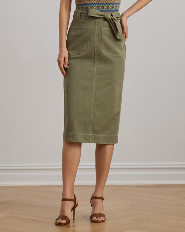 Belted Cotton Twill Pencil Skirt