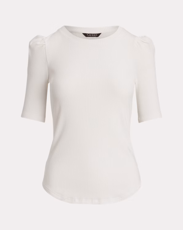 Cotton-Blend Rib-Knit Puff-Sleeve Tee